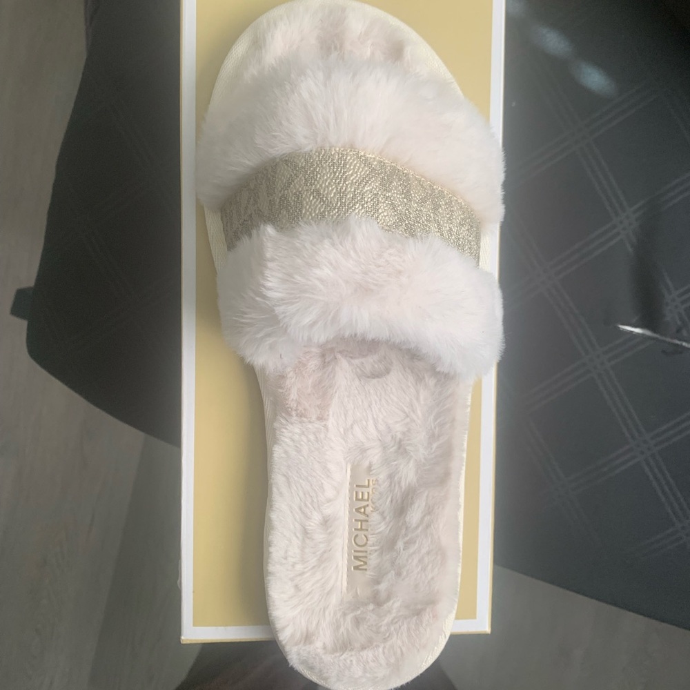 New Alexis Faux Fur and Metallic Signature Logo Slide Sandal